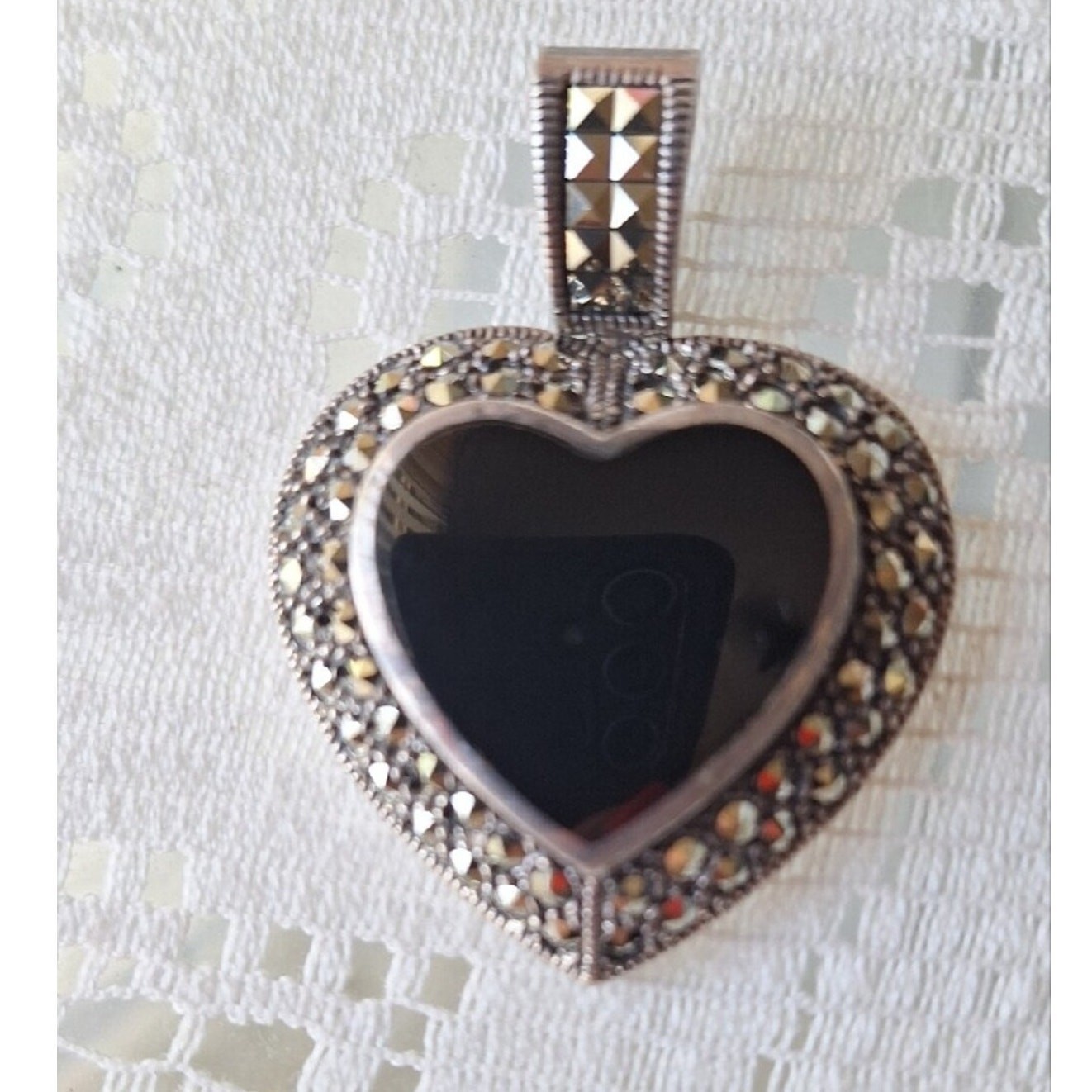 Sterling Silver Heart Pendant Necklace with Black Onyx and Marcasite