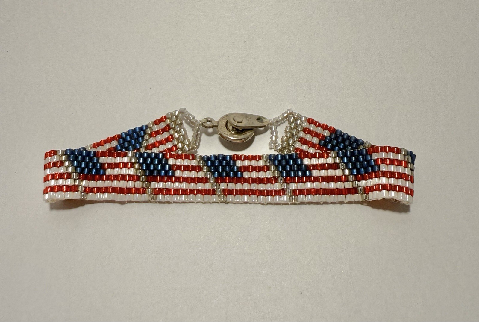 Patriotic Delica Red White And Blue Beaded American Flag Bracelet Plated Clasp