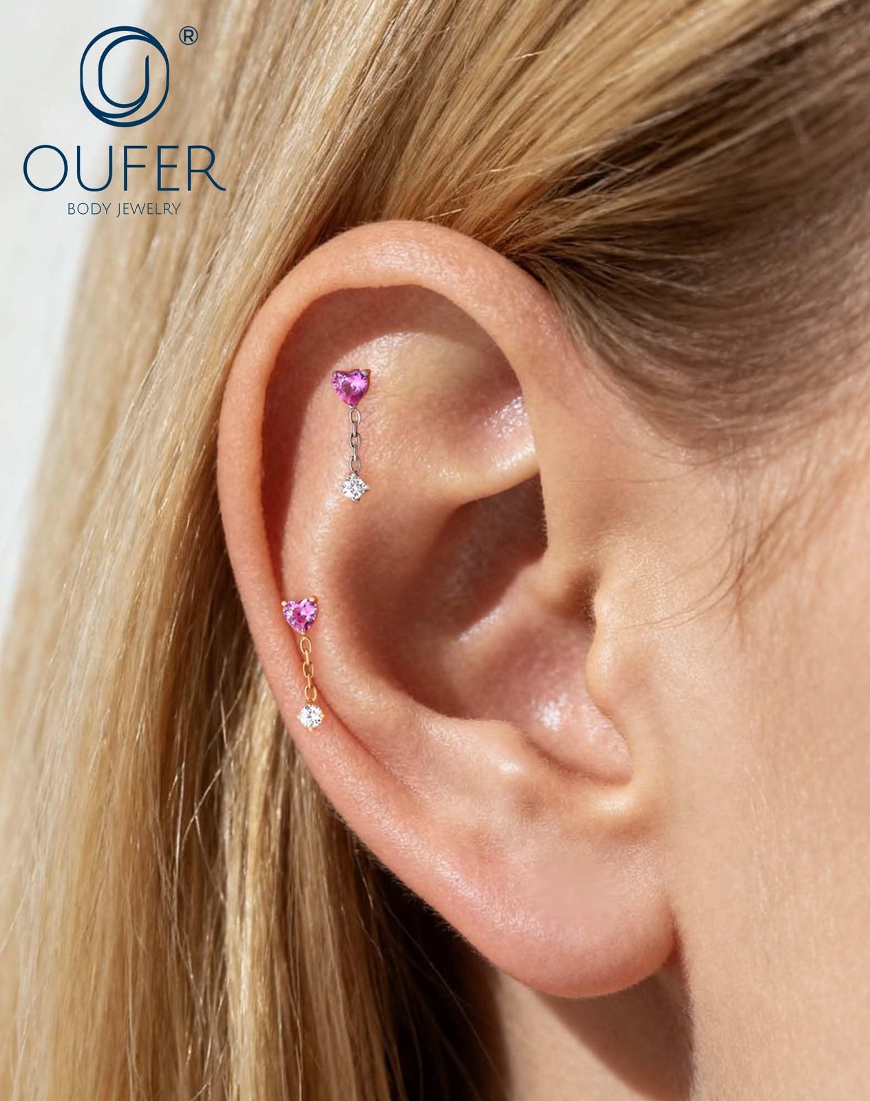 OUFER Body Piercing Titanium Dangle Forward Helix Earring 18G Heart 6mm, gold
