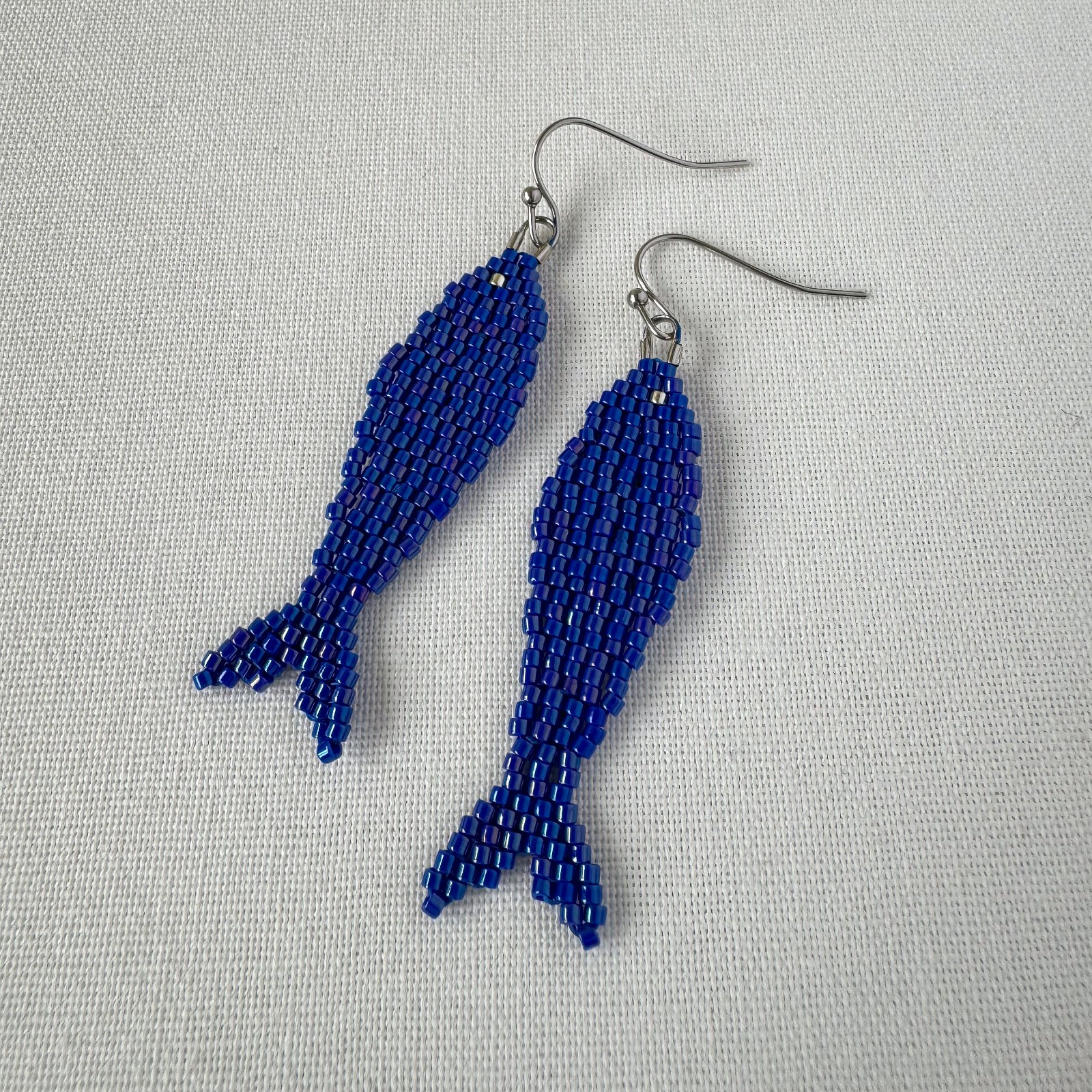 Cobalt Blue Beaded Fish Earrings, Handmade Miyuki Seed Bead Sardine Earrings