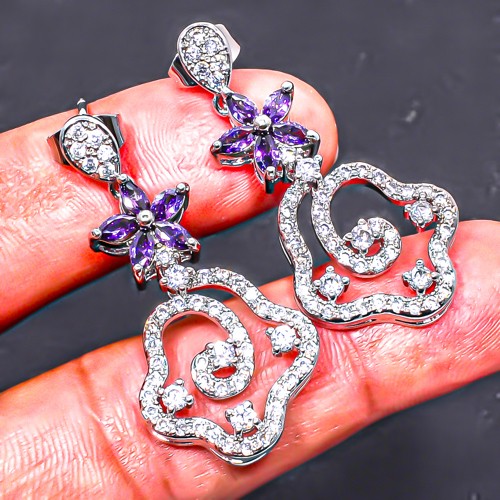 Amethyst & White Topaz 925 Silver Plated Earring 1.64″ E6217-237