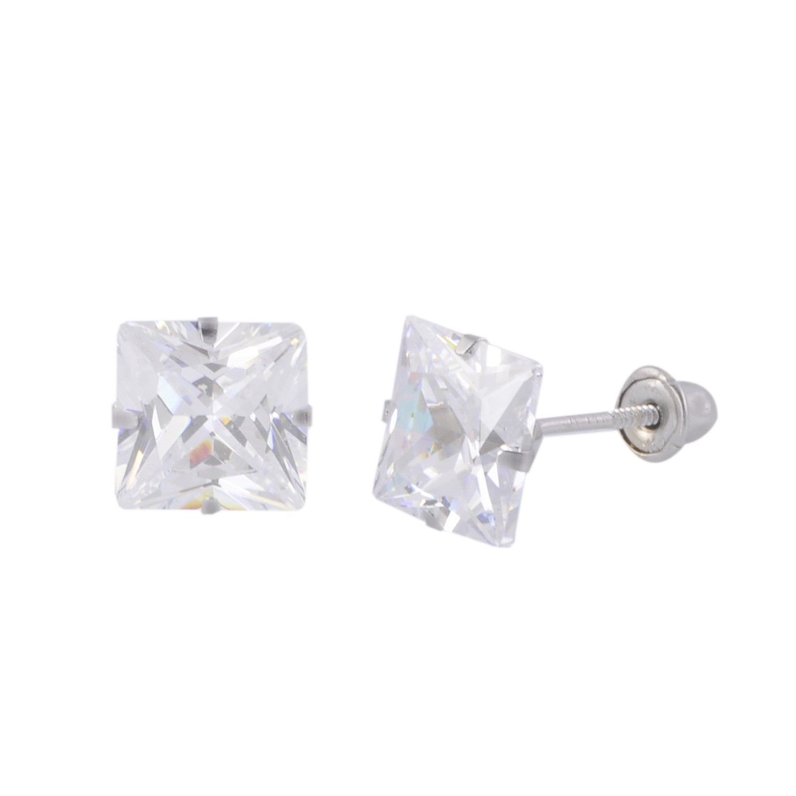 14k White Gold Screwback Stud Earrings Clear Square Princess Cut CZ Prong Set
