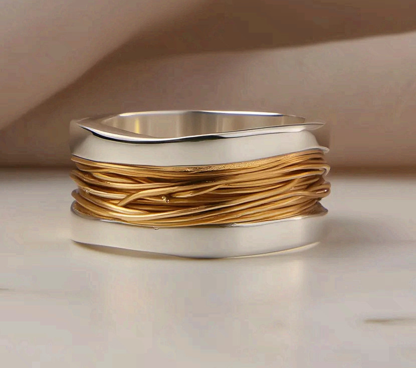 Two Tone Mixed Metal Wire Wrapped Statement Ring Wide Band