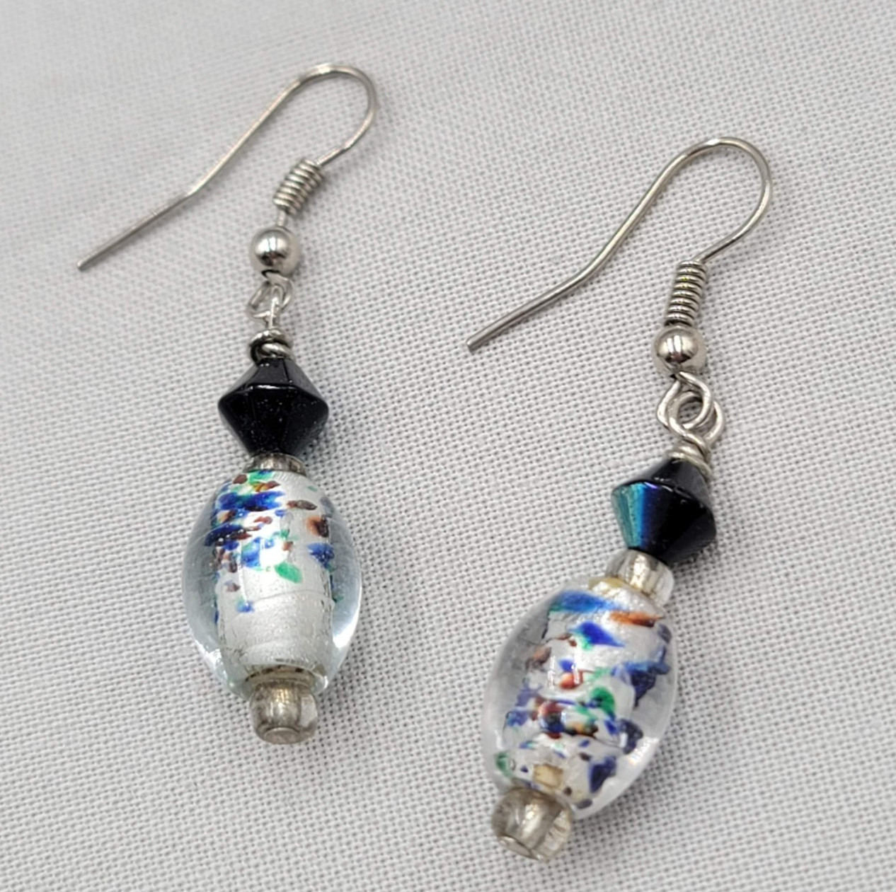 Blue Speckle Dichroic Glass Bead Pierced Earrings Silver tone Dangle 1 1/8″