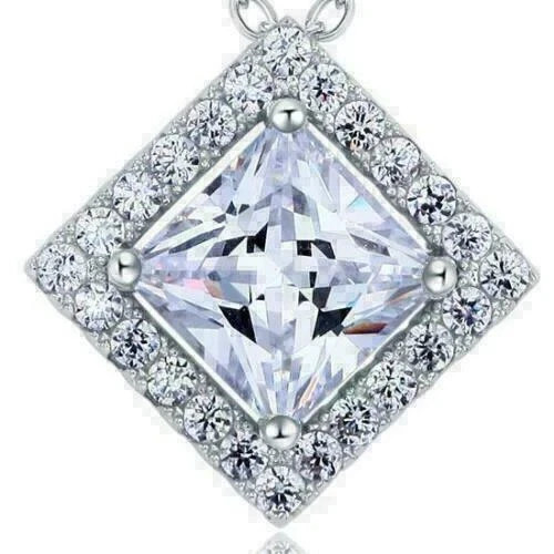 2.00Ct Princess Cut Simulated Diamond Halo Pendant Chain 14k White Gold Plated