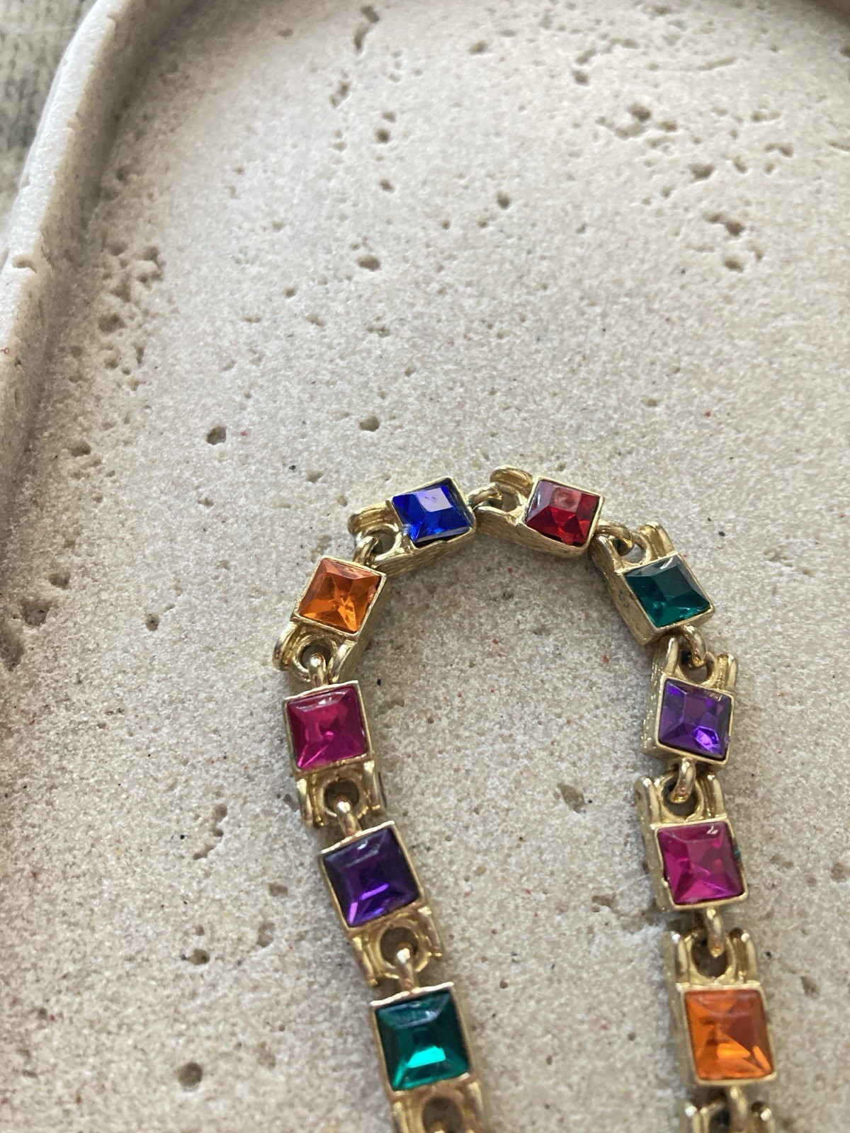 Multicolor Rhinestone Tennis Bracelet Gold Tone Square Link Bold Glam Couture