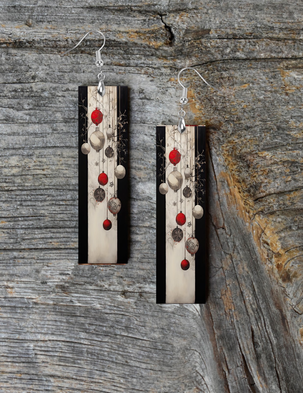 Red White and Black Ornaments Christmas Dangle Wood Bar Printed Earrings Jewelry