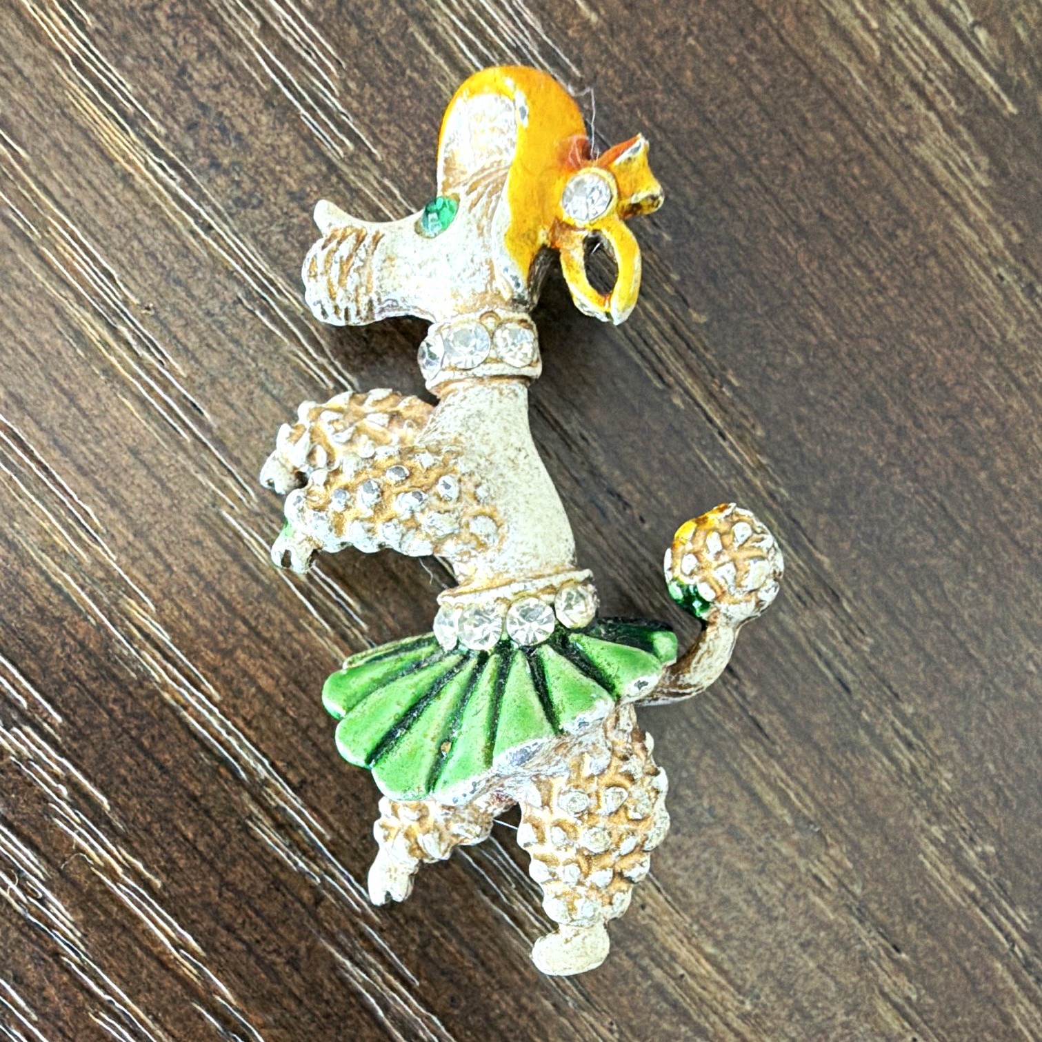 Poodle Dog Brooch Pin Enamel & Rhinestone, Gold Tone Green Skirt White Stones