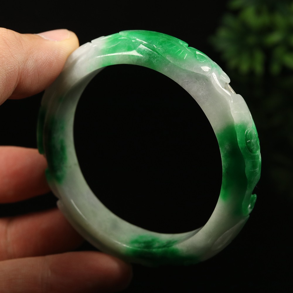58mm White Emerald Green Jadeite Jade Bracelet Bangle Ruyi Rabbit Bat A-14597