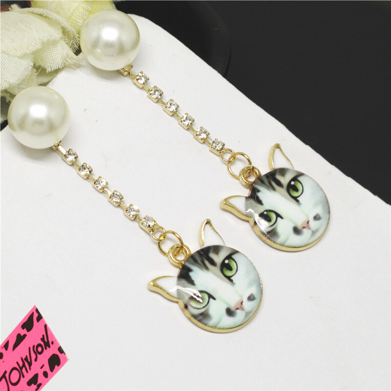 Hot Fashion Grey Enamel Cute Cat Head Pearl Crystal Women Stand Earring Gifts