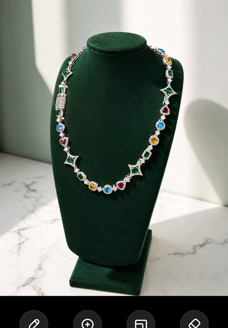 Silver Tone Link Chain Necklace with Multicolor Mixed-Shape Stones