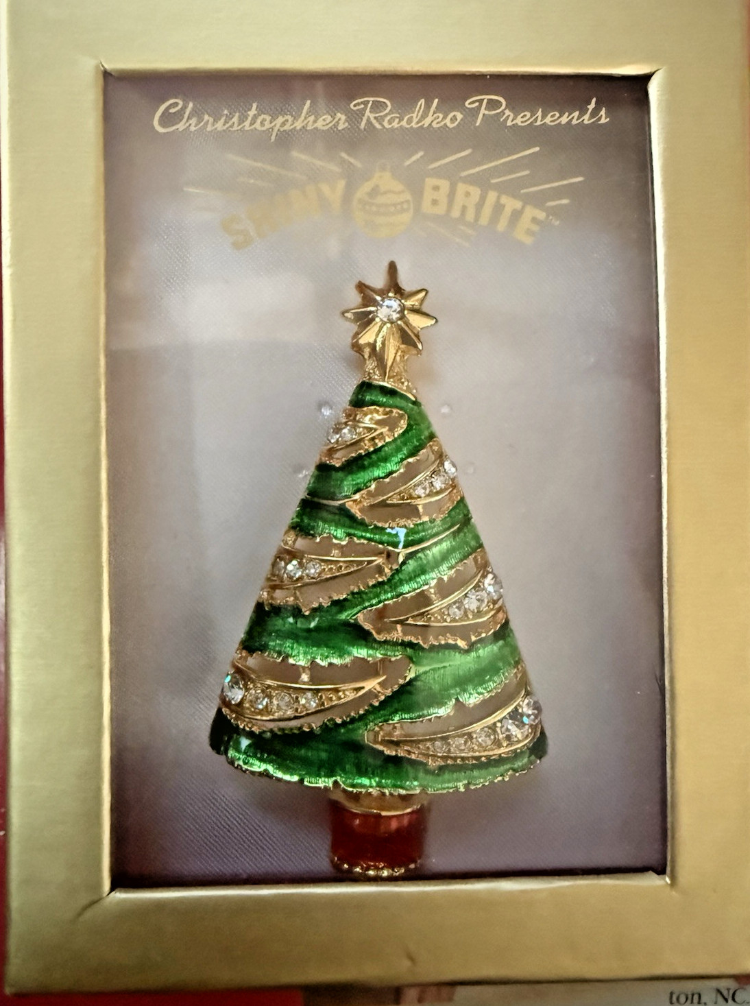 Vintage Christopher Radko Christmas Tree Brooch Pin Enamel and Rhinestone