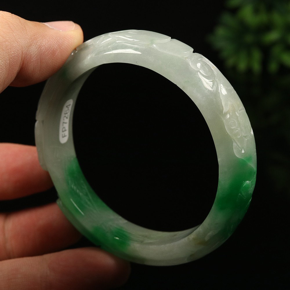 58mm White Emerald Green Jadeite Jade Bangle Bracelet Ruyi Rabbit Bat A-14581