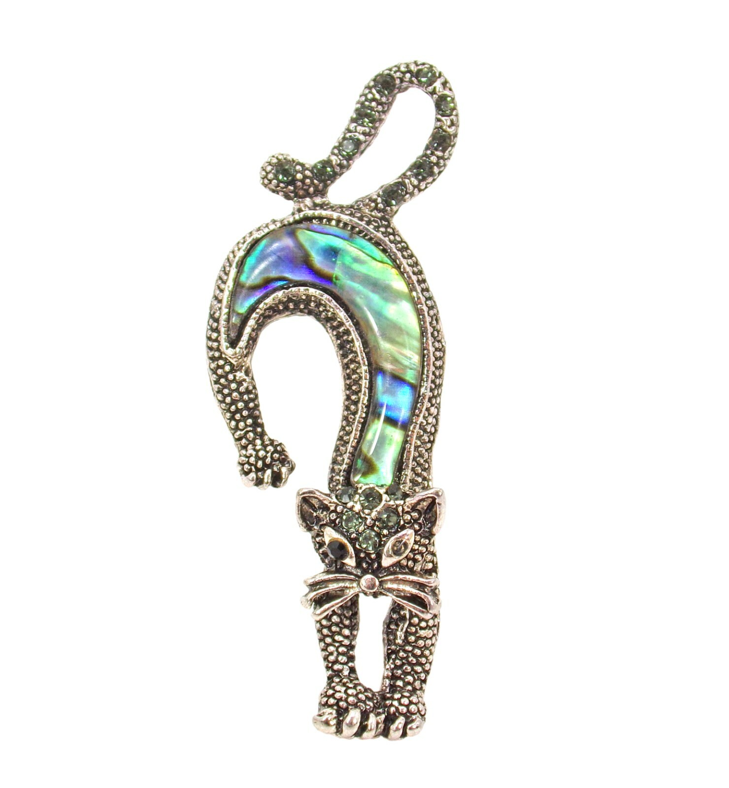 Cat Brooch Pin in Abalone Shell, Crystals, Antique Finish, Stretching Cat Pin