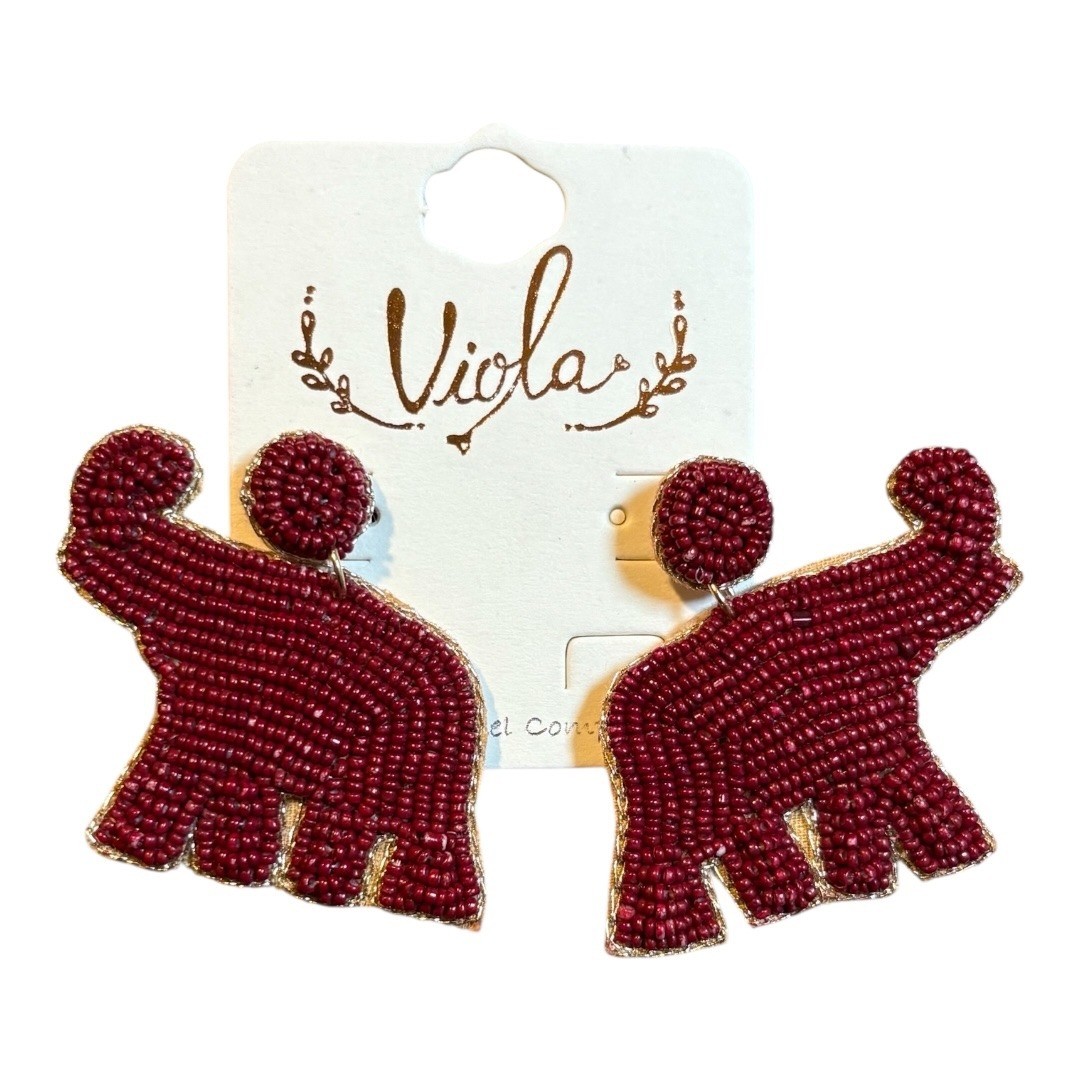 Viola Elephant Earrings Alabama Burgundy Seed Bead Boho Statement Jewelry