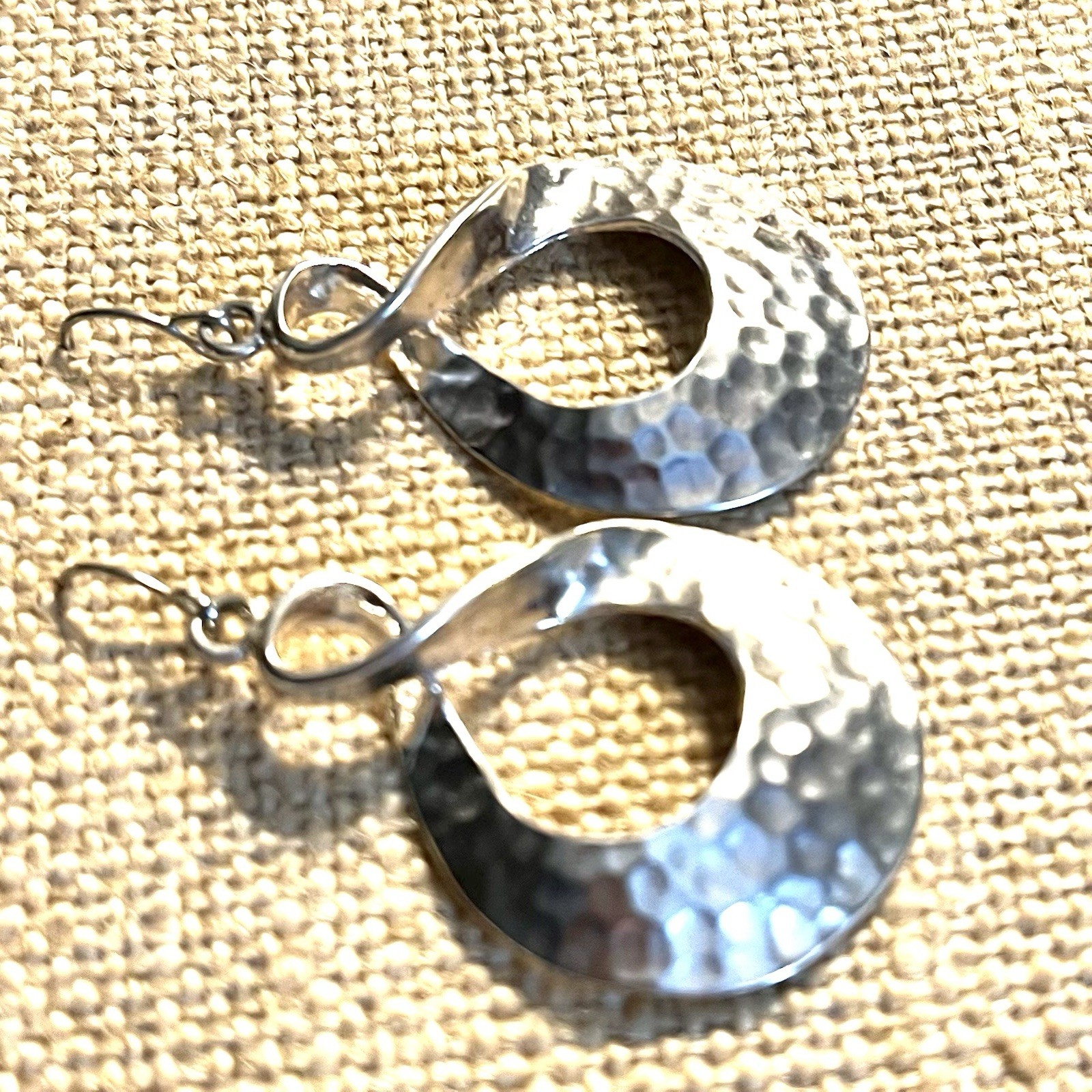 Hammered Silverplate Pierced Earrings 1 3/4 Inches Long Twisted Oval Dangles
