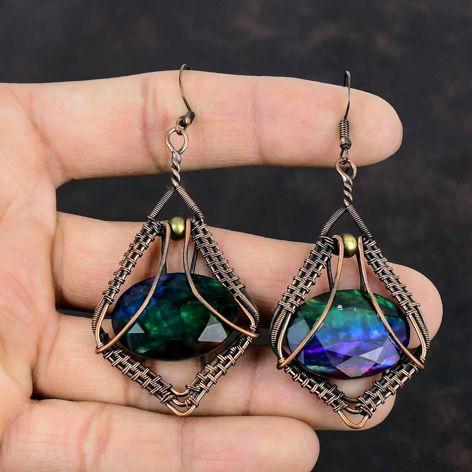 Ammolite Jewelry Copper Mother Gift Wire Wrapped Drop/Dangle Earrings 3.23″