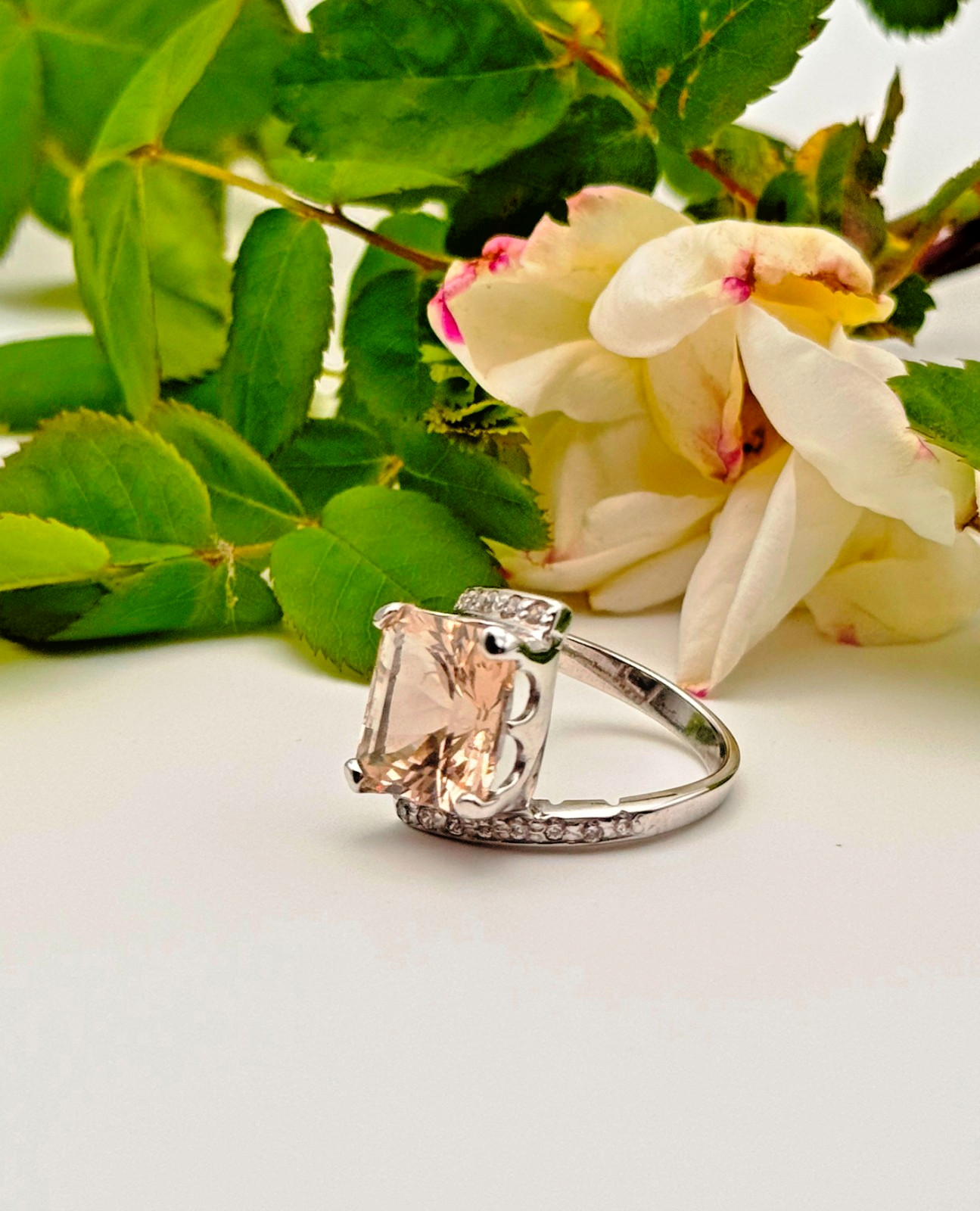 Emerald cut topaz paired with sparkling zircon, set in handcrafted 925