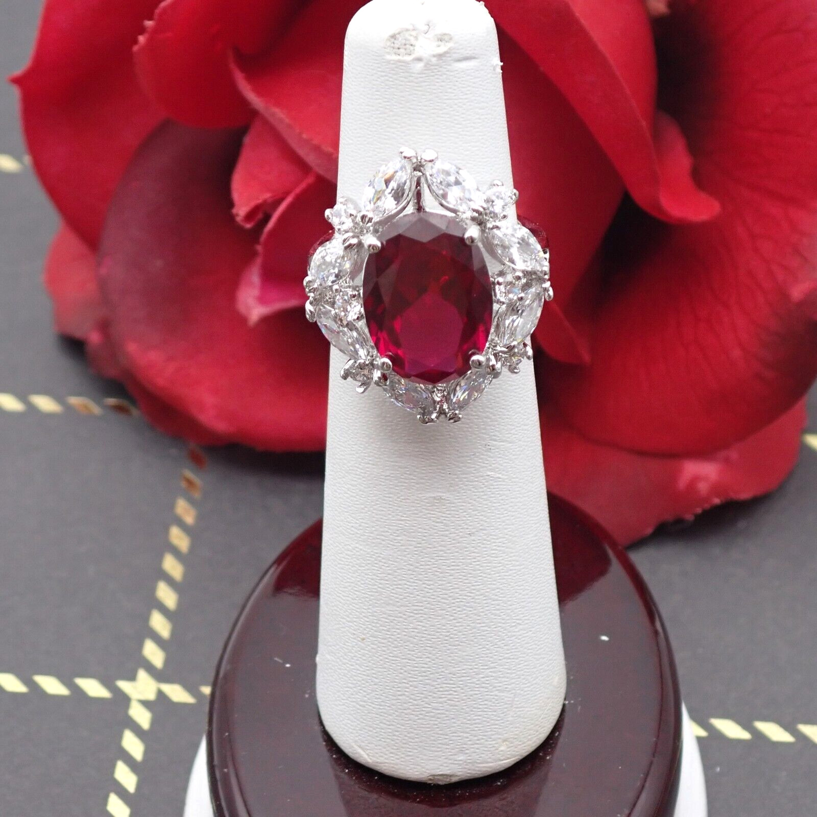 Red Oval Open Back Crystal Marquise Halo Silver Tone Size 5 Ring