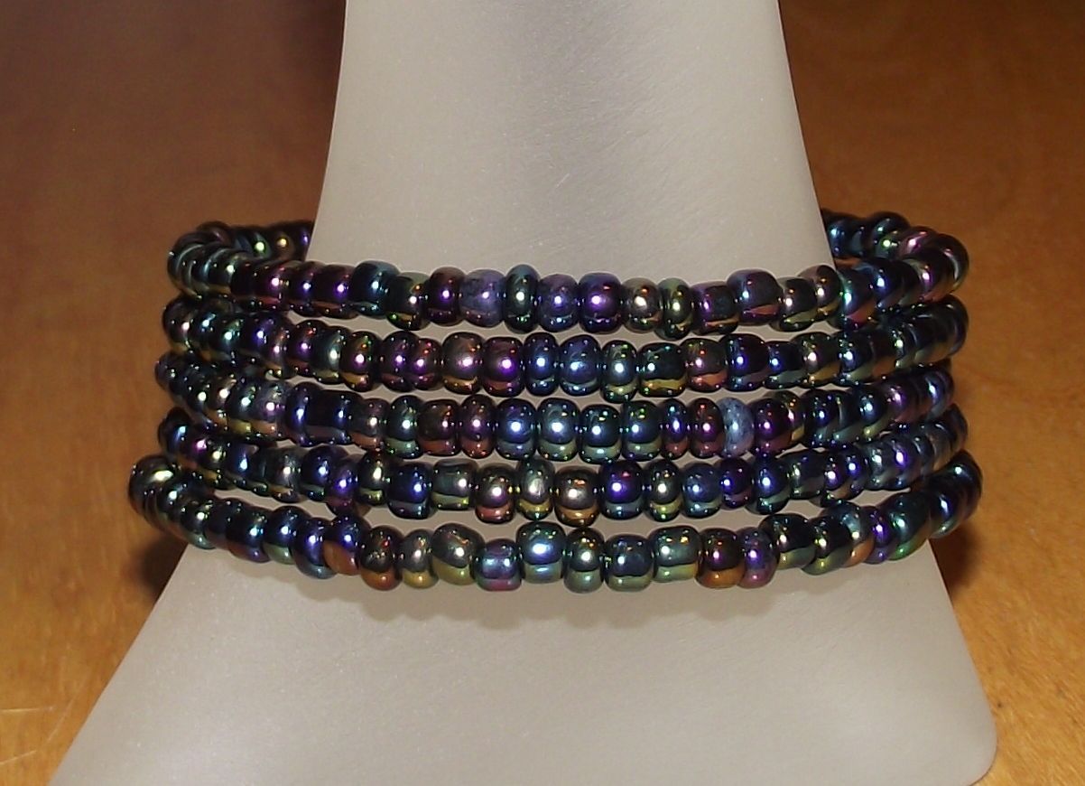 Metallic Black Rainbow Glass Beaded Wrap Bracelet / Coil Beads / USA Made / Gift