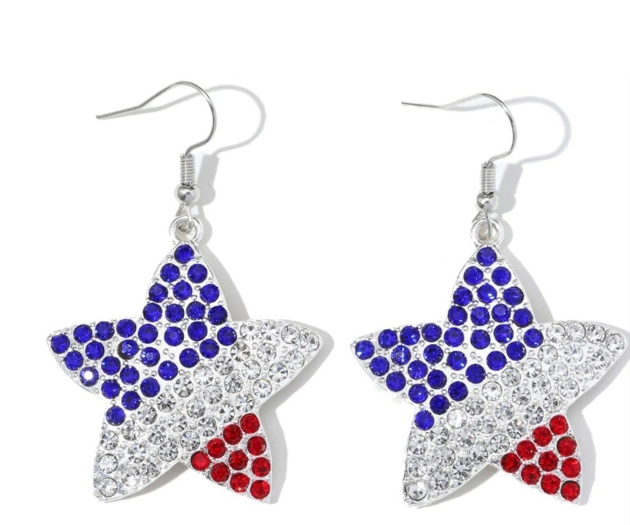 3pk Red White Blue Patriotic Rhinestone Dangle Drop Hook Earrings Pavé Metal