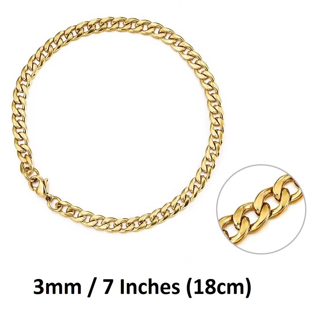 *UK* Gold Stainless Steel Bracelet 3mm 7 Inch / 18cm Curb Mens Cuban Chain