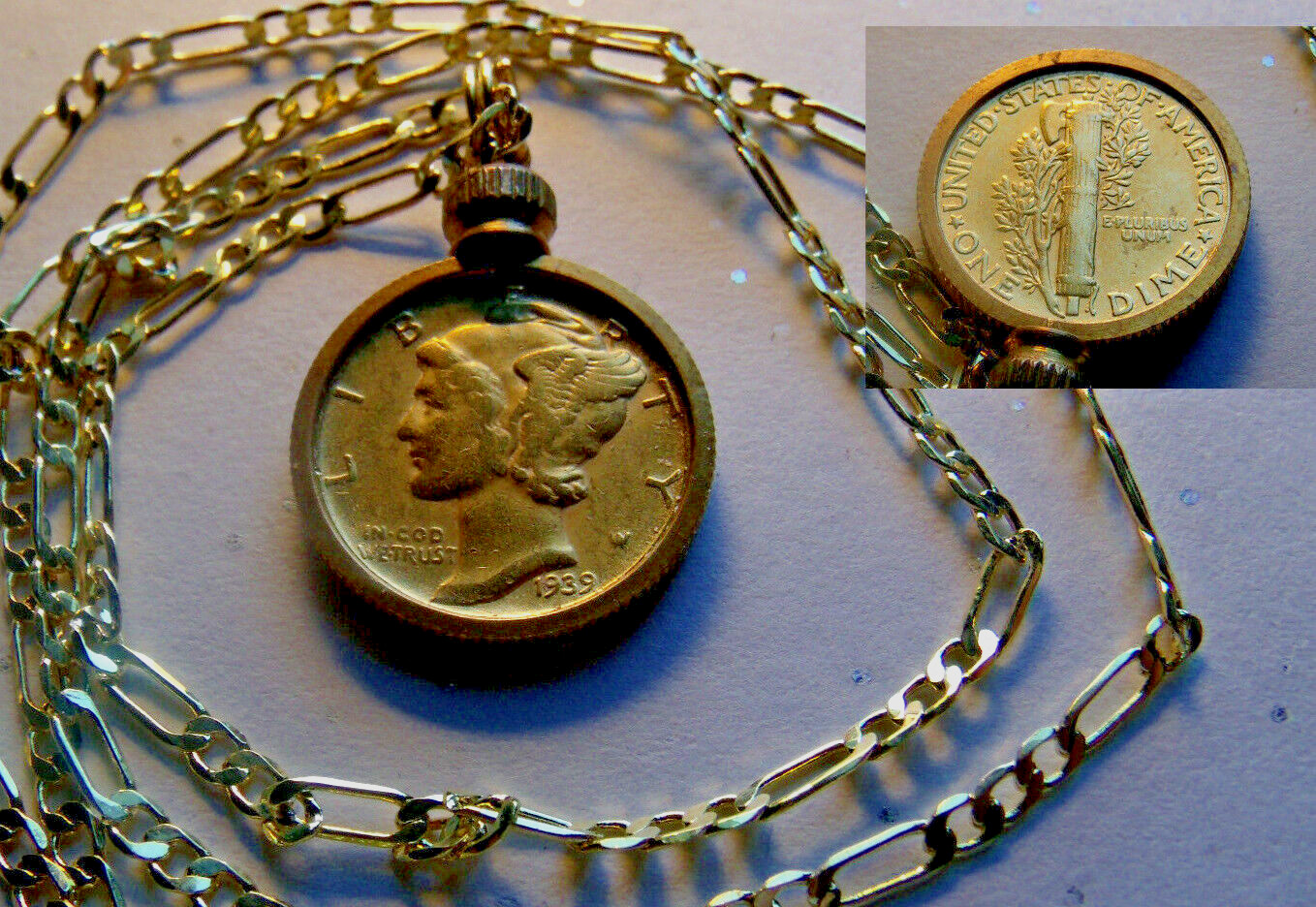 Genuine Gold Plated Mercury Dime Pendant and 18kgf 22″ Gold Filled Link Chain.