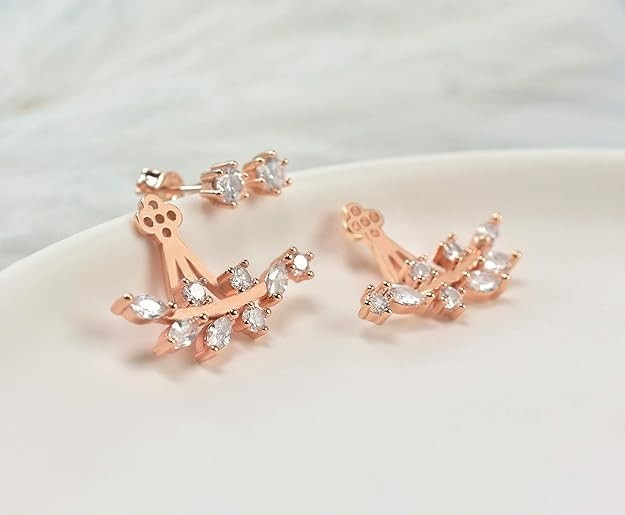 Korean Elegant Rose Gold Plated Contemporary Jacket Front Back Stud Leaf Earring