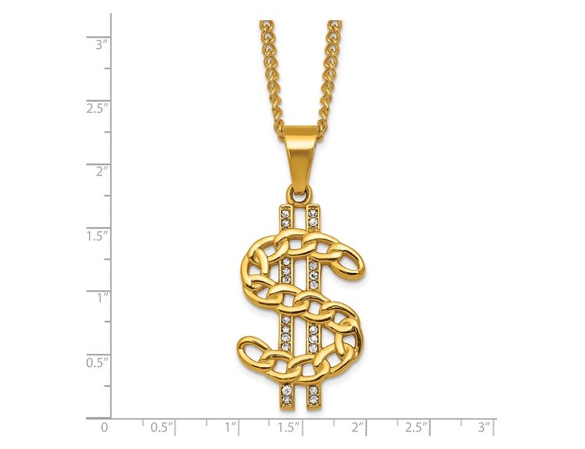 Yellow Plated Stainless Steel Dollar Sign Charm Pendant Necklace with Chain (24