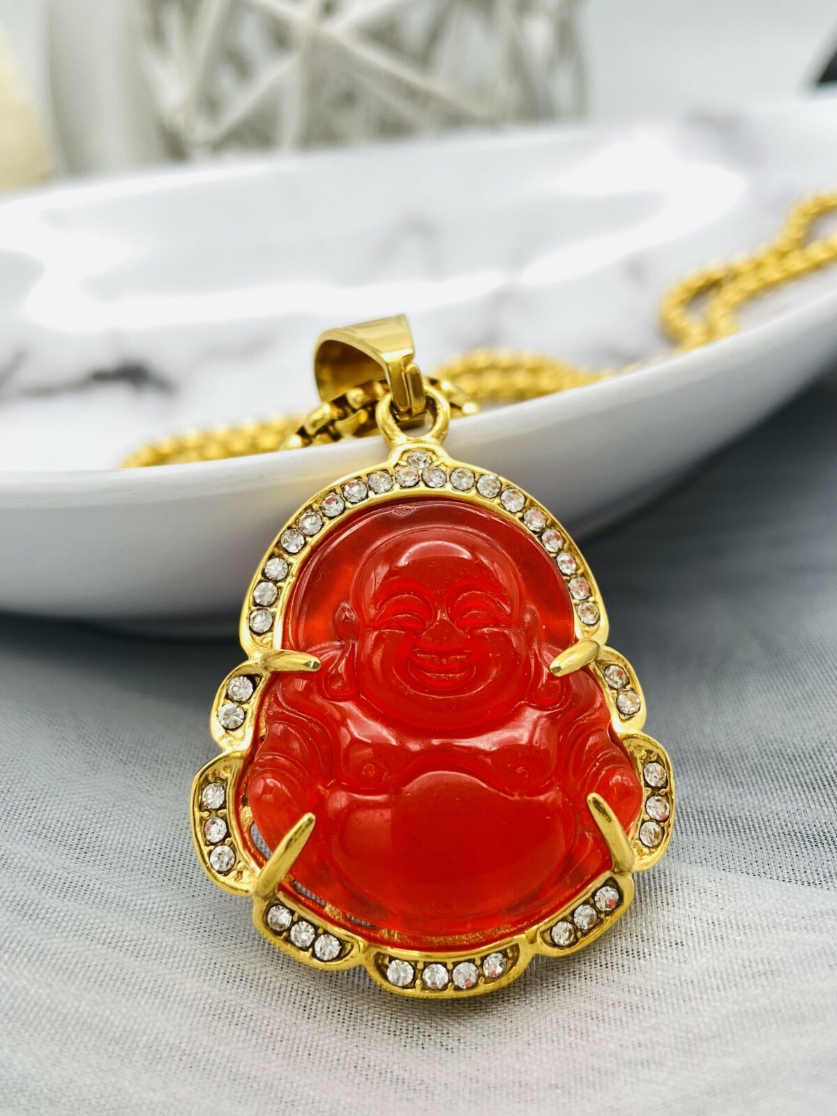 Jade Buddha Pendant Necklace W/ 18K Gold Plated Crystal Charm Hip Hop Chain