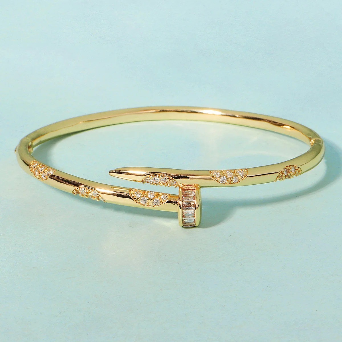14k Yellow Gold plated Open Nail Bolt Trendy Bracelet AAA quality cubic zirconia