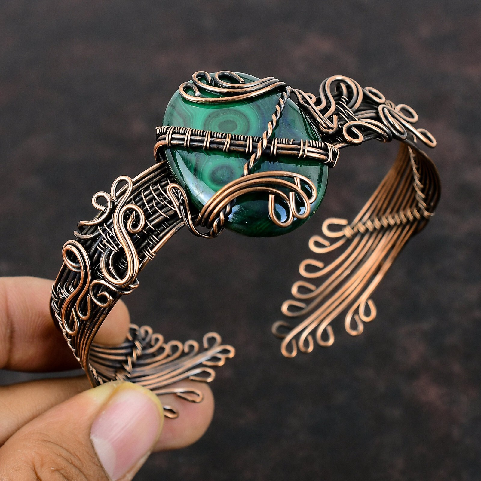 Gift For Her Russian Malachite Wire Wrapped Adjustable Cuff Copper Jewelry