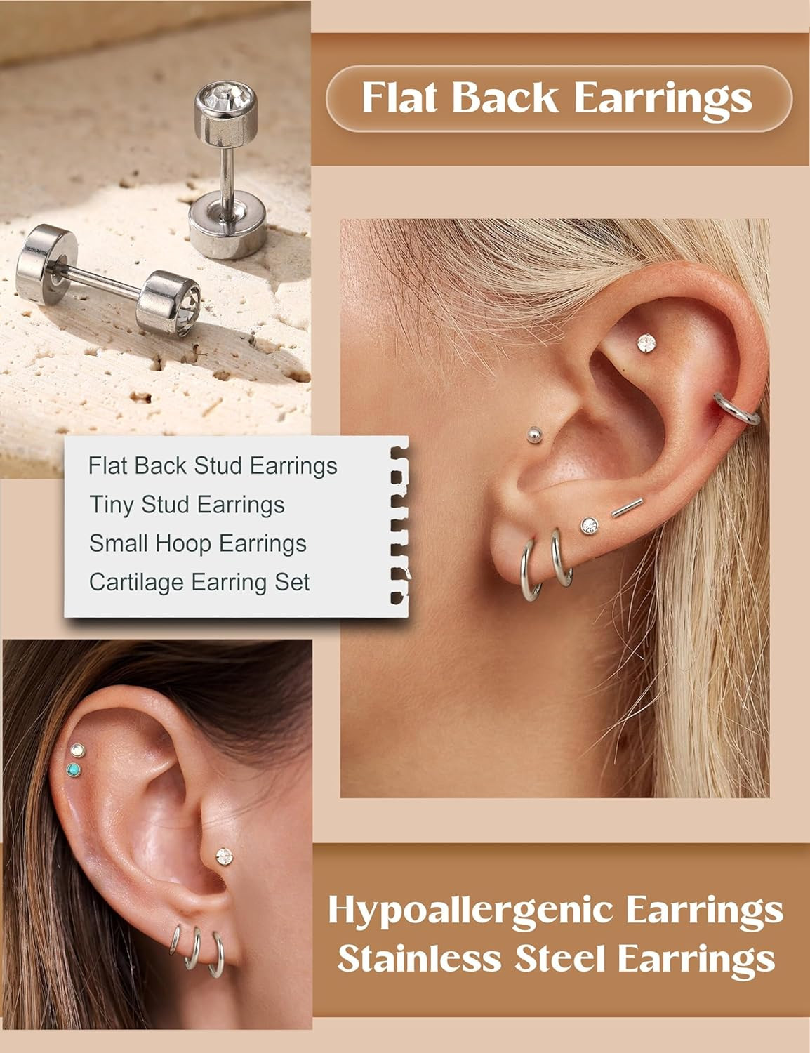 21Pairs Surgical Steel Flat Back Earrings Hypoallergenic 20G Screw Back Nap Stac
