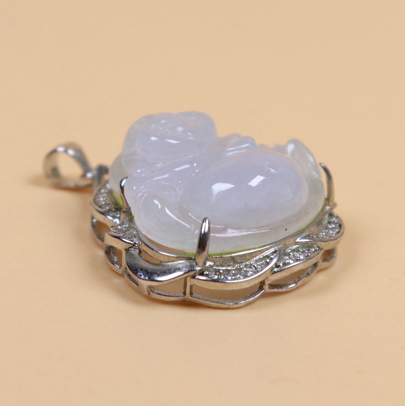 Certified 925 Silver Inlay Green Natural A jadeite Maitreya Buddha Pendant 32531