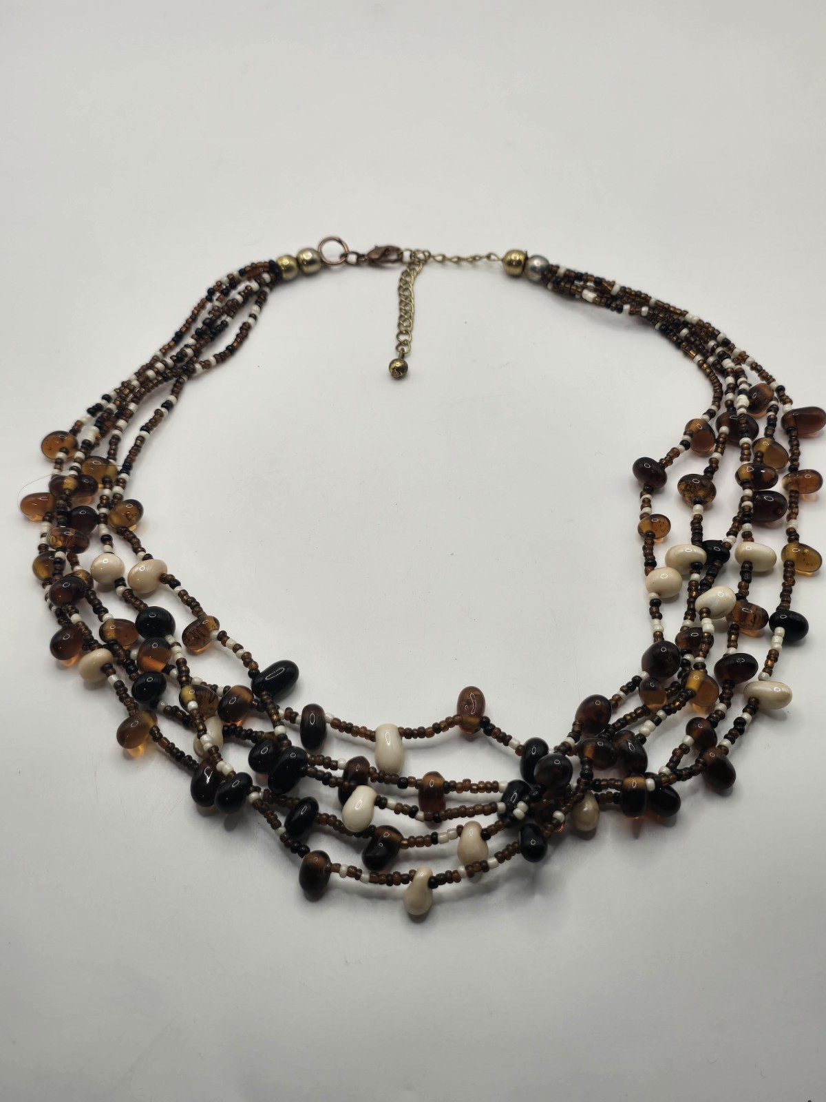 Boho Multi-Strand Glass Bead Necklace – Earth Tone Amber Brown Cream Layered…