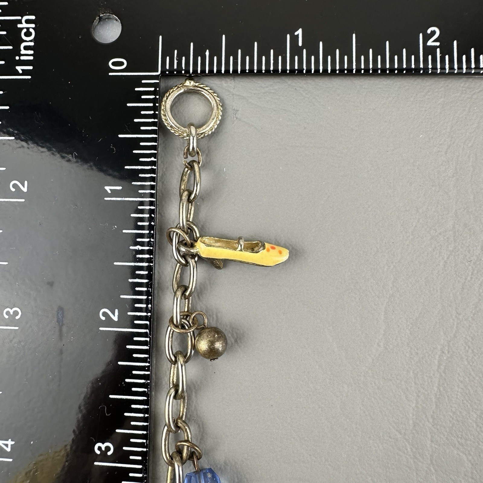 Vintage Charm Bracelet Enamel Shoe Charms Faceted Glass Beads Toggle Clasp 6.5″