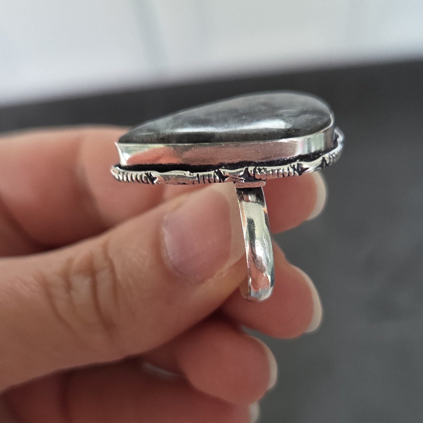 Teardrop Black Stone Bezel Set Cocktail Ring Size 7