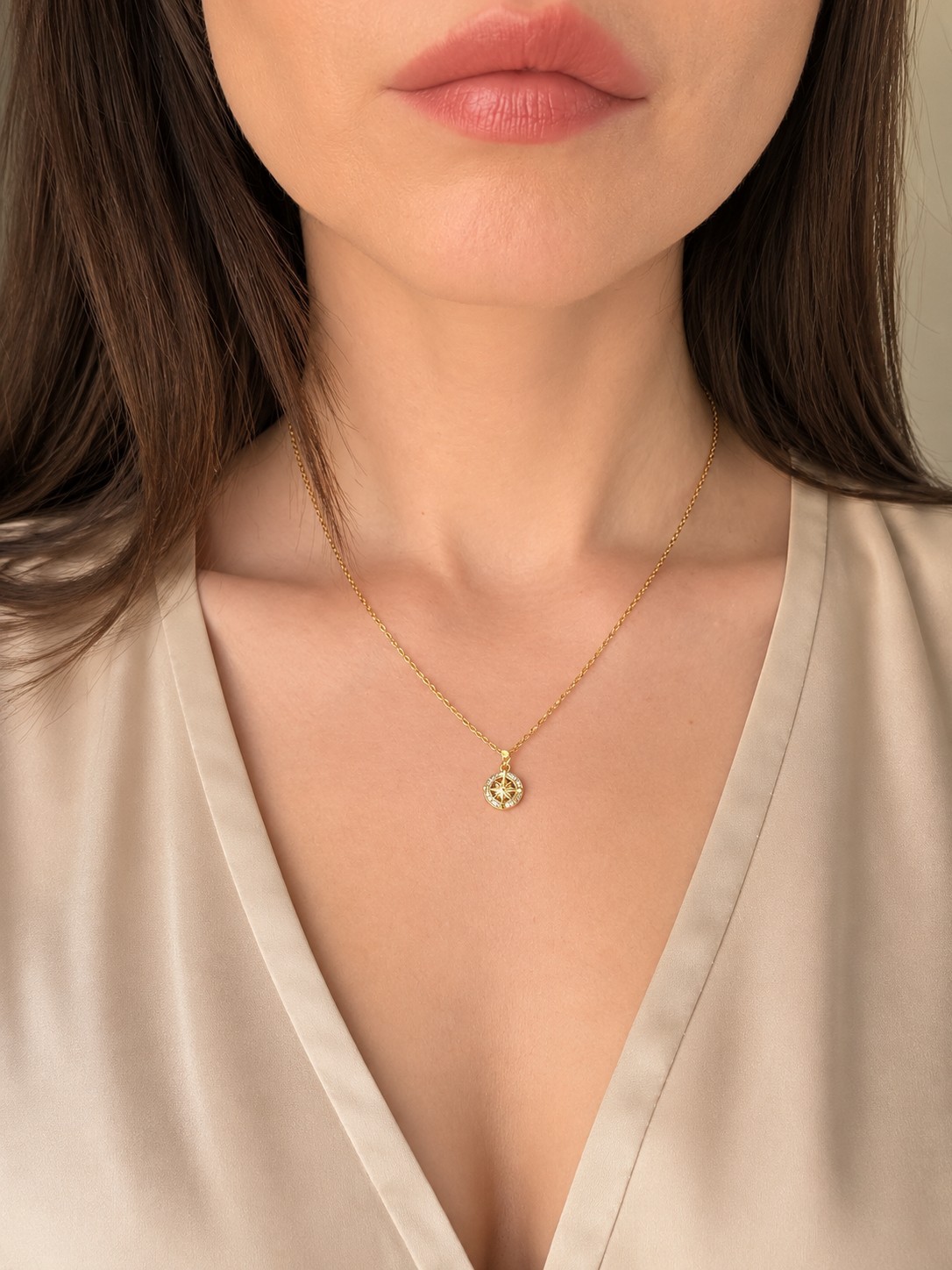 Compass Necklace 18K Gold Plated North Star Pendant CZ Celestial Gift for Women