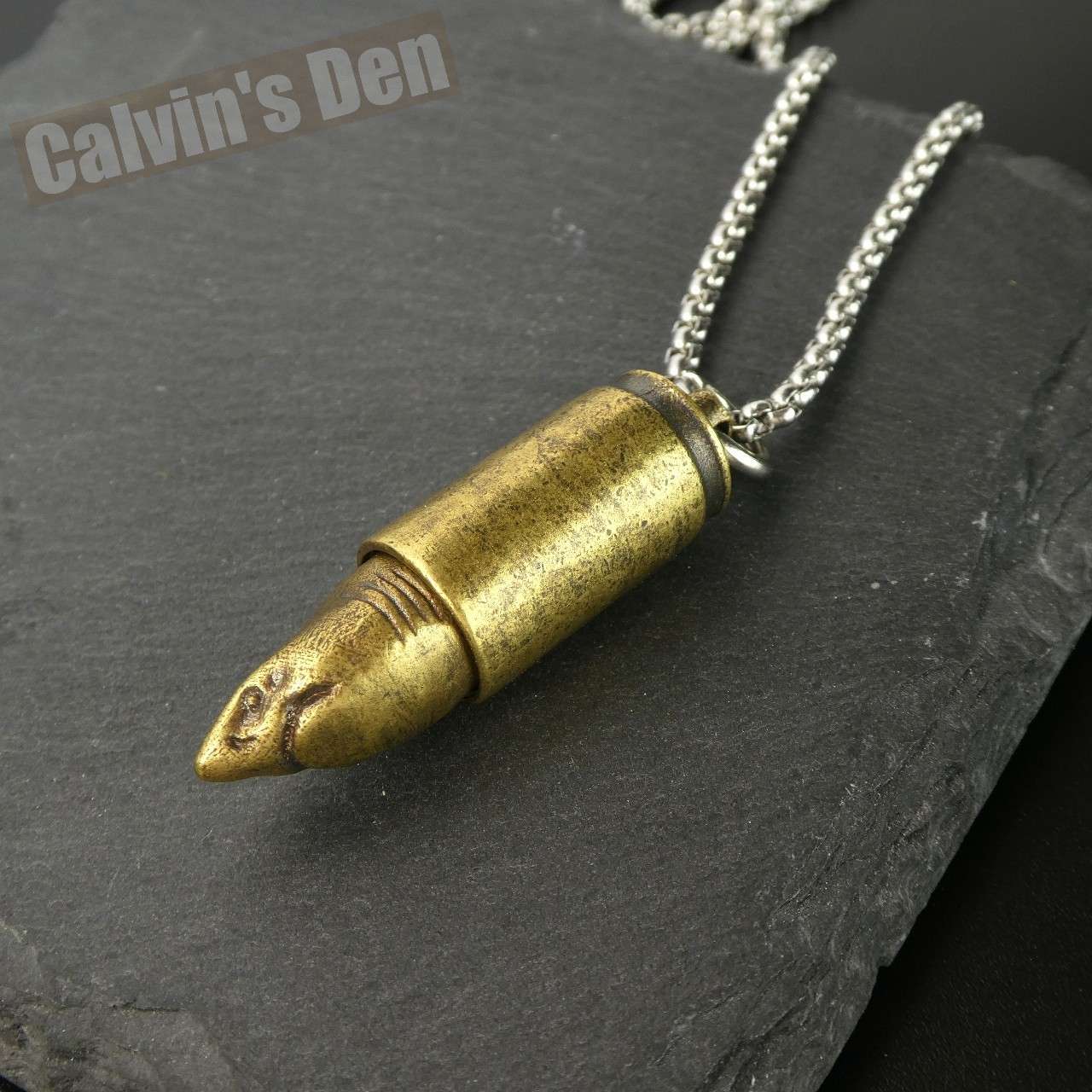 Solid Brass Shark Head Bullet Pendant Necklace Punk Fun Gift