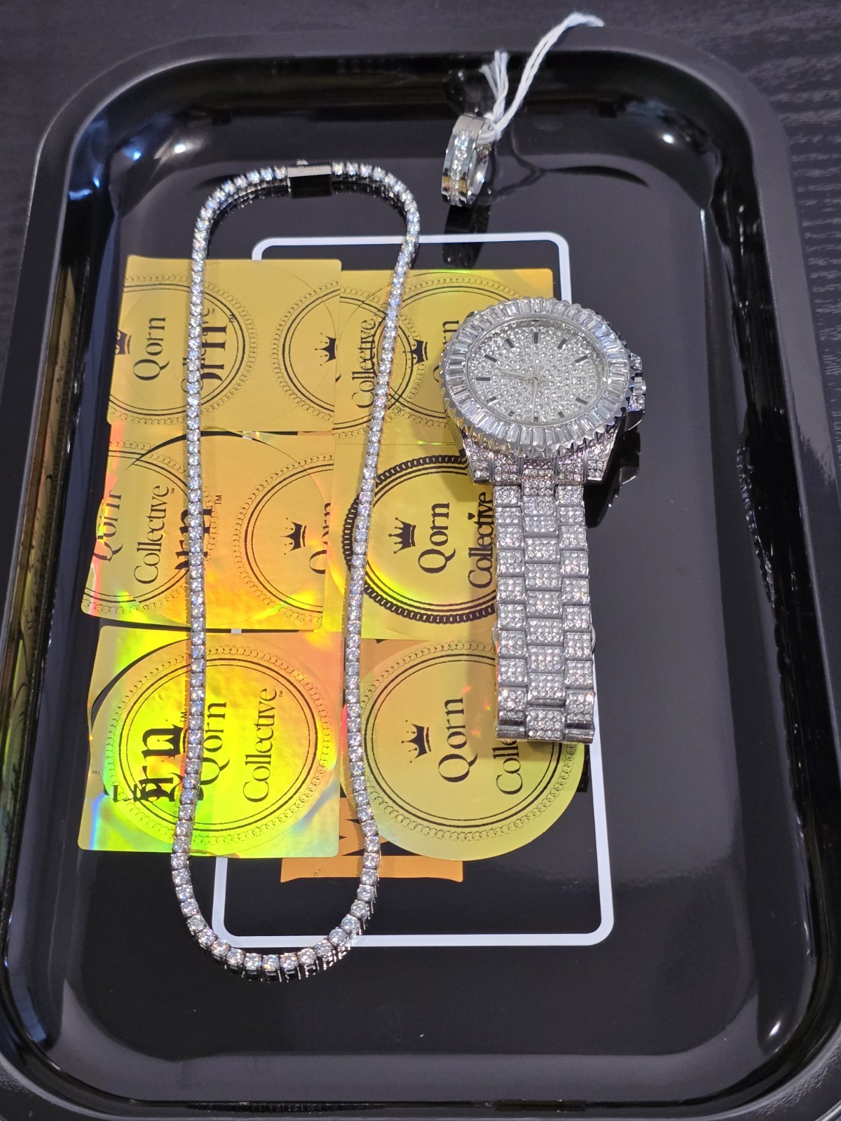 Custom Iced Out Bundle – Qorn 18″ Moissanite Chain, 40mm CZ Watch & Steel Ring