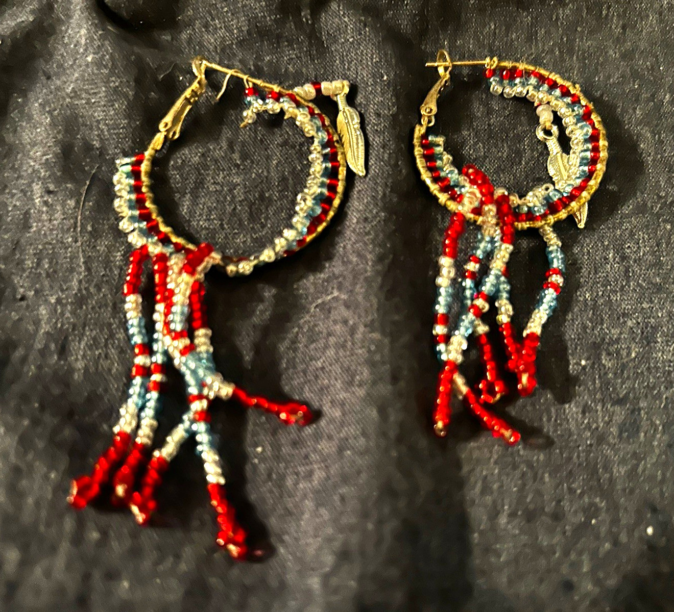 Beaded Round Hoop Dangle Earrings Red Blue Silver Metal Glass Hook Closure