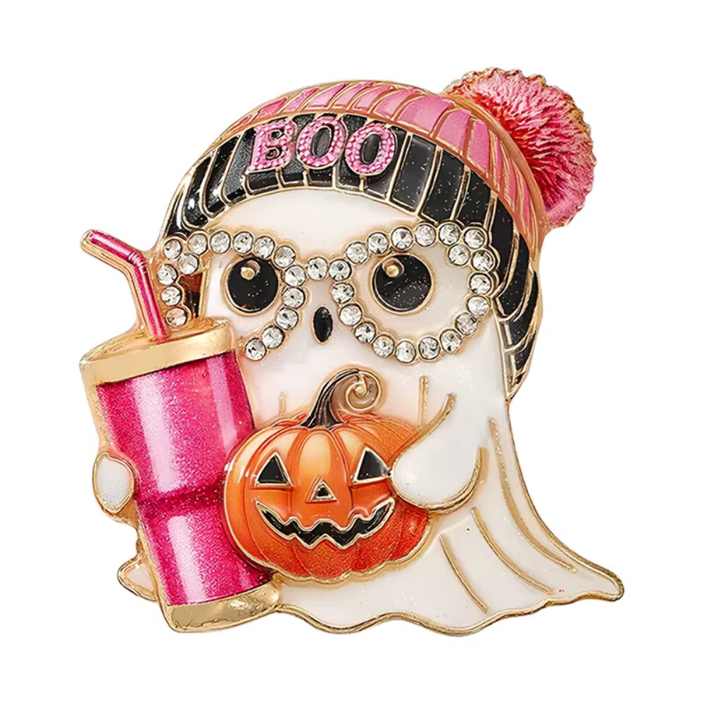 Halloween Ghost Brooch Pin Rhinestone Crystal Pumpkin Statement Jewelry Gift