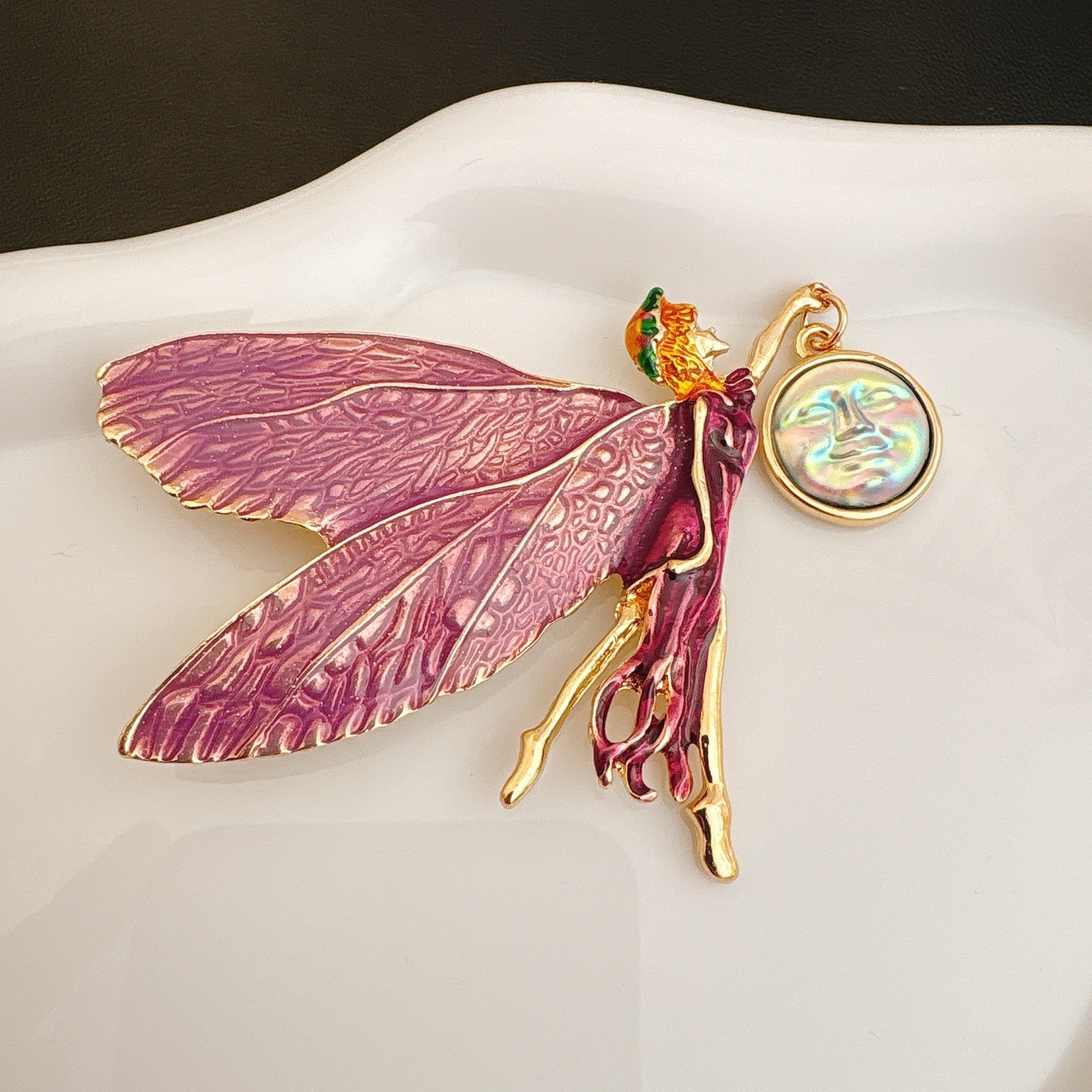 Vintage-Inspired Enamel Fairy Brooch Pendant Pink Wings Moon Star Gold Tone Pin