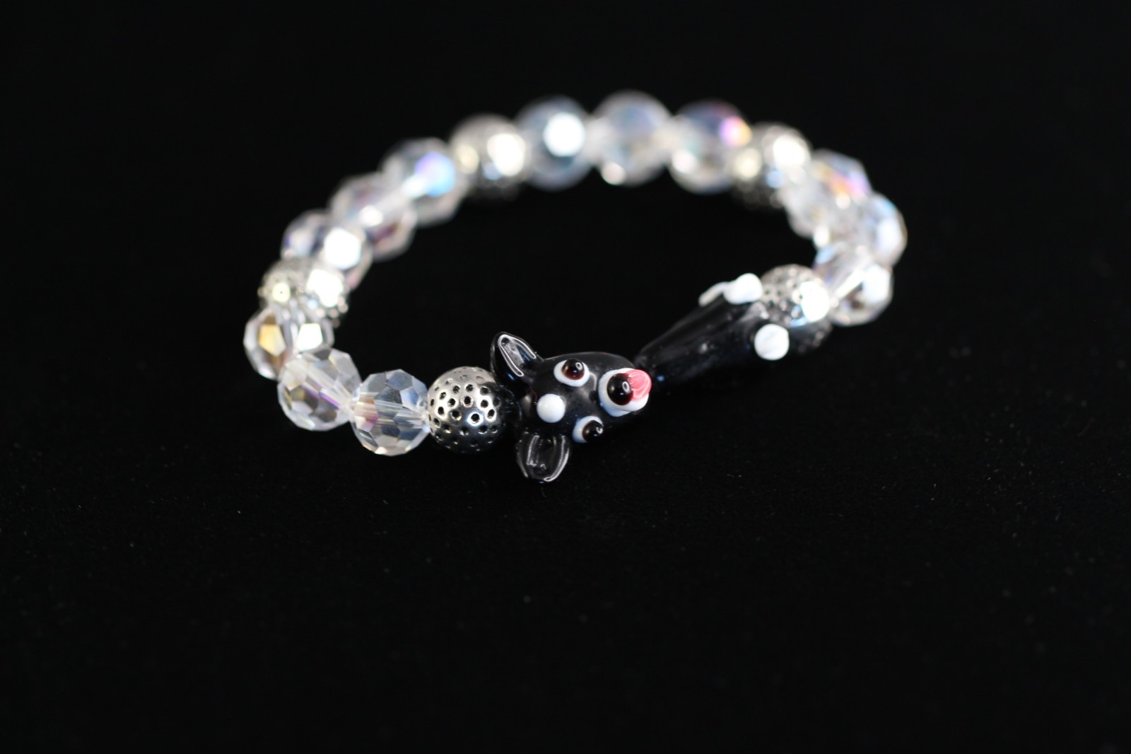 Dog Bracelet Black Lampwork 6.5″ inch Elastic Glass Beads 10mm Faceted Crystal