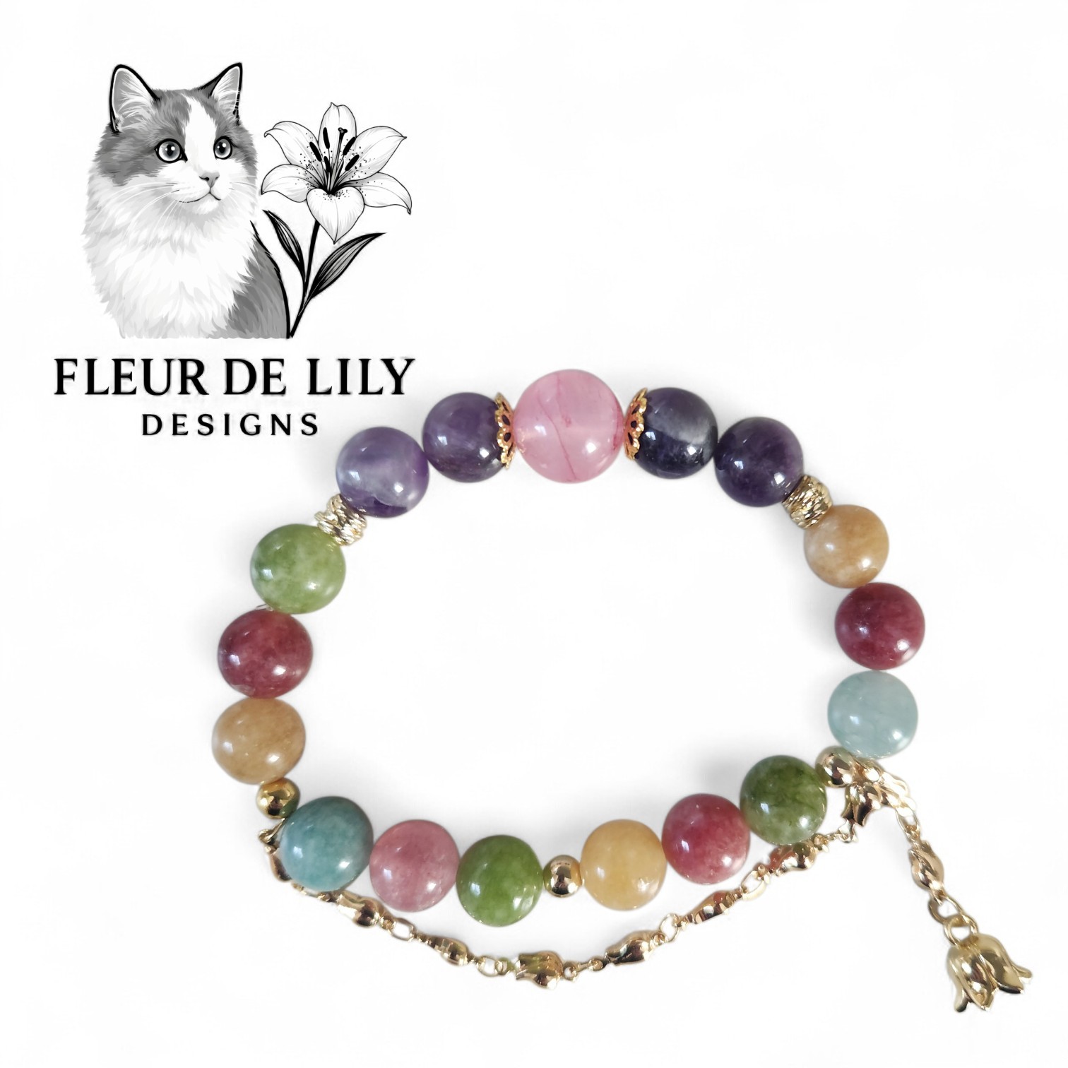Natural Tourmaline Amethyst And Rose Quartz Bracelet 10mm -12mm and 6.8 – 7.3 in