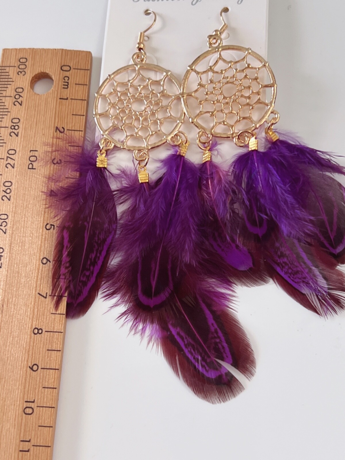 NEW Women Boho Ethnic Dark Purple Feather Dream Catcher Net Dangle Drop Earrings