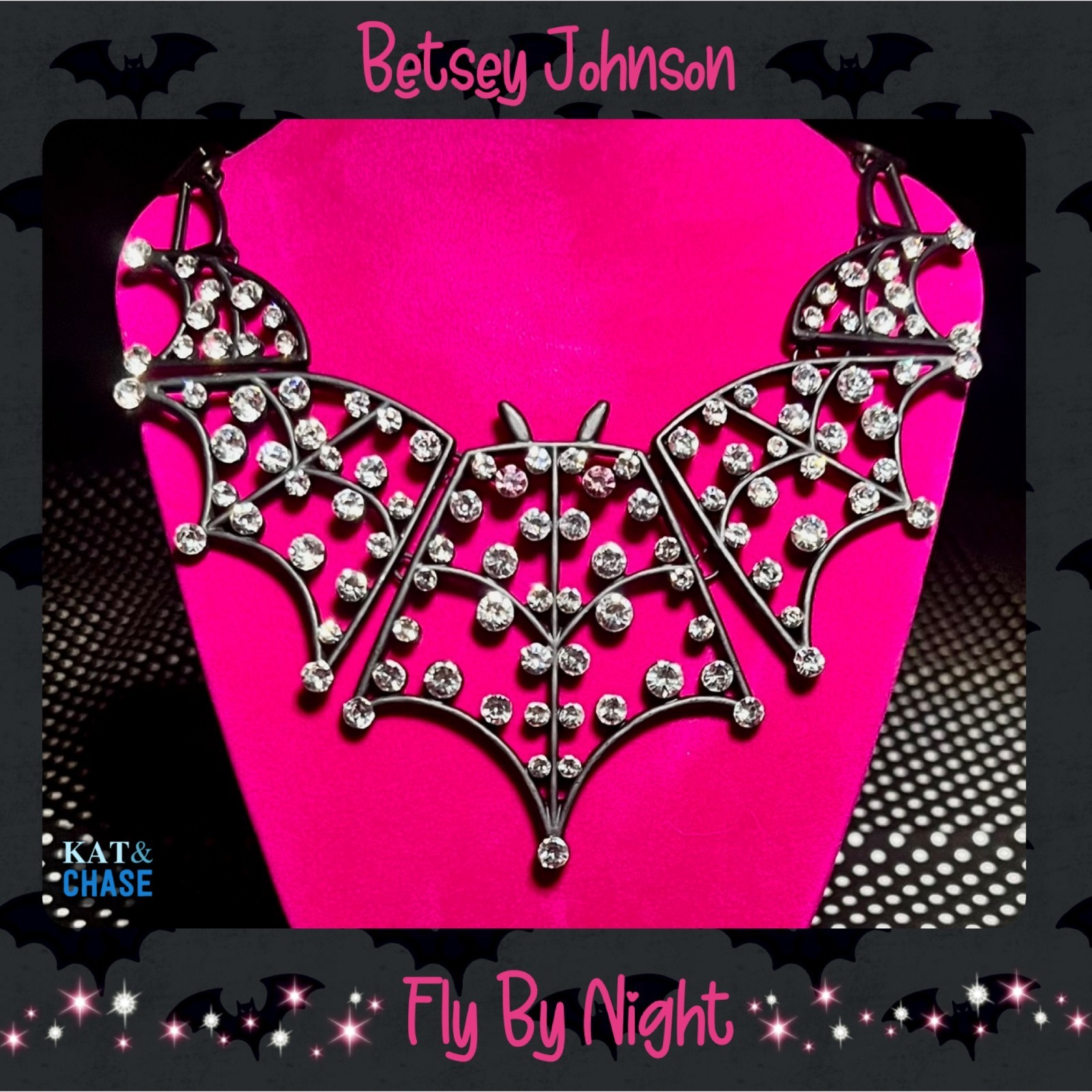 NWT Betsey Johnson Bat Statement Necklace Rhinestone Black Bib Wings Halloween