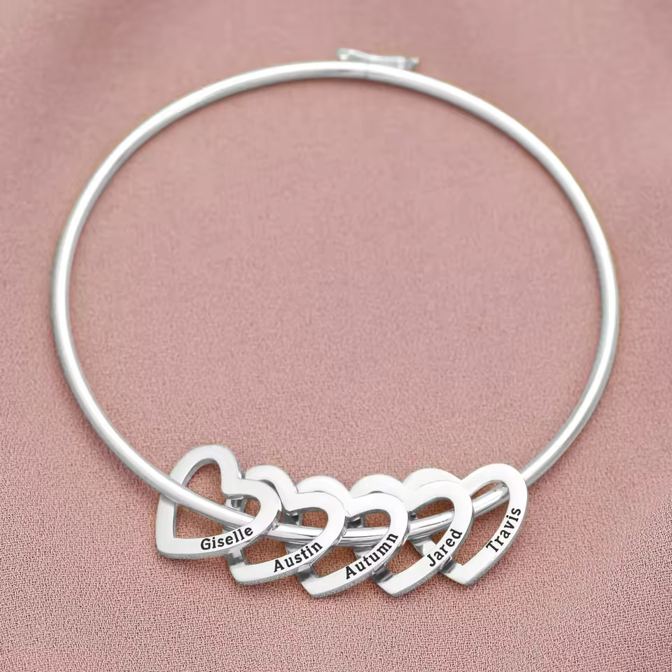 Custom 1-6 Name Bracelet Bangle Cuff Engraved Jewelry Hearts Family Couple Gift