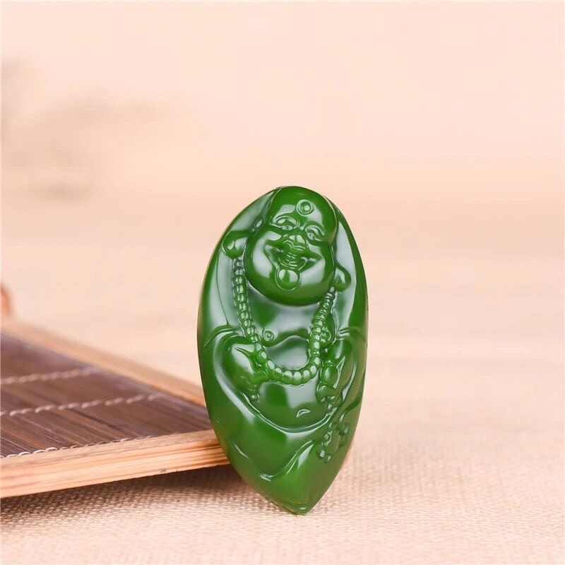 China Green Jade Jadete Carve Happy Laugh Maitreya Buddha Amulet Pendant