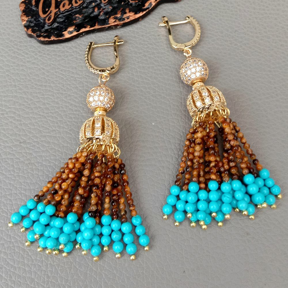 yellow Tiger Eye Blue Turquoise Cz pave Cap Leverback Earrings